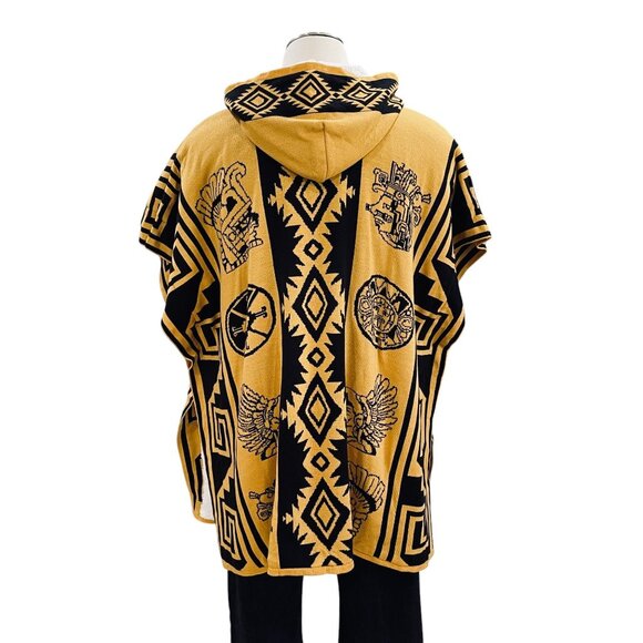 Lian Hooded Aztec Poncho Sherpa Lined Baja Blanket Unisex Boho Tribal - Picture 12 of 13